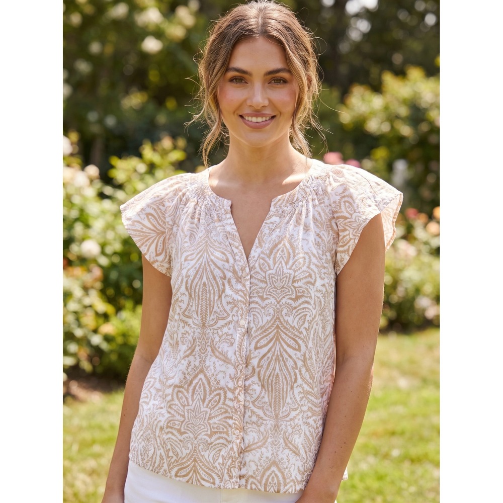 LOFT Womens XS Cream Tan Paisley Blouse Flutter Sleeve Split Neck Button Front T
